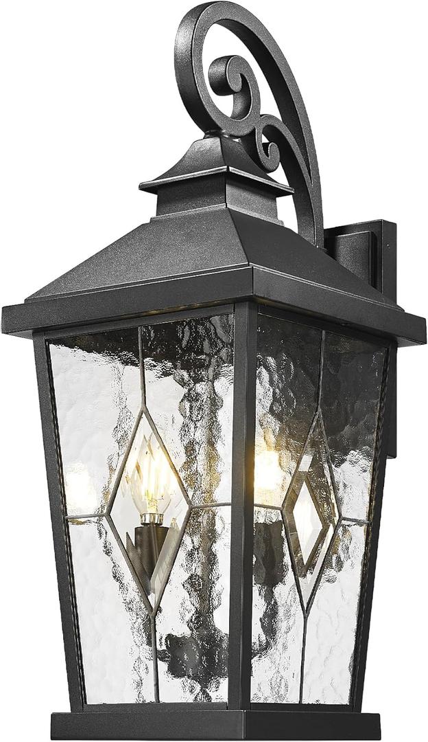 Emliviar 22.4" Large Outdoor Wall Light, Matte Black Exterior Lighting Fixtures with Water Glass Shade, Outside Wall Lantern with E12 Bulb Base, WE301BM-SD BK
