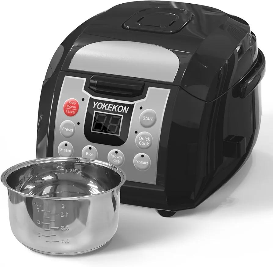 Rice Cooker Stainless Steel Inner Pot, YOKEKON Professional 6 Cup Uncooked Rice Cooker with Basket Steamer, 24H Delay Timer and Auto Keep Warm, Rice/Quick Cook/Brown Rice/Steam/Yogurt, Black