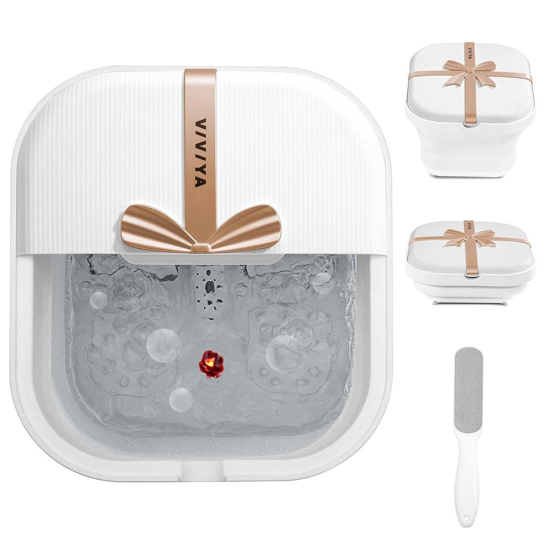 Collapsible Foot Bath Spa with heat and Massage Rollers, Foldable Foot Soak Tub with Bubbles Jets and LED light, Pedicure Foot Spa Massager with Foot Scrubber for Home Use (White)