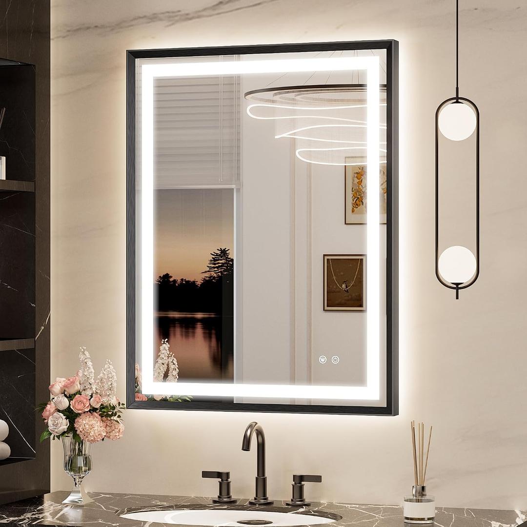 Keonjinn 28x36 Inch Black LED Bathroom Mirror with Lights, Beveled Edge