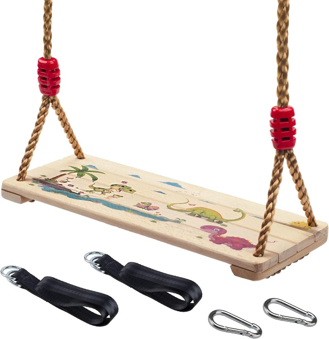 Wooden Swing Seat, Nostalgic Outdoor Wood Swing for Kids , Tree Straps Set Accessories for Backyard Patio Garden Playground, Height Adjustable (Beige)