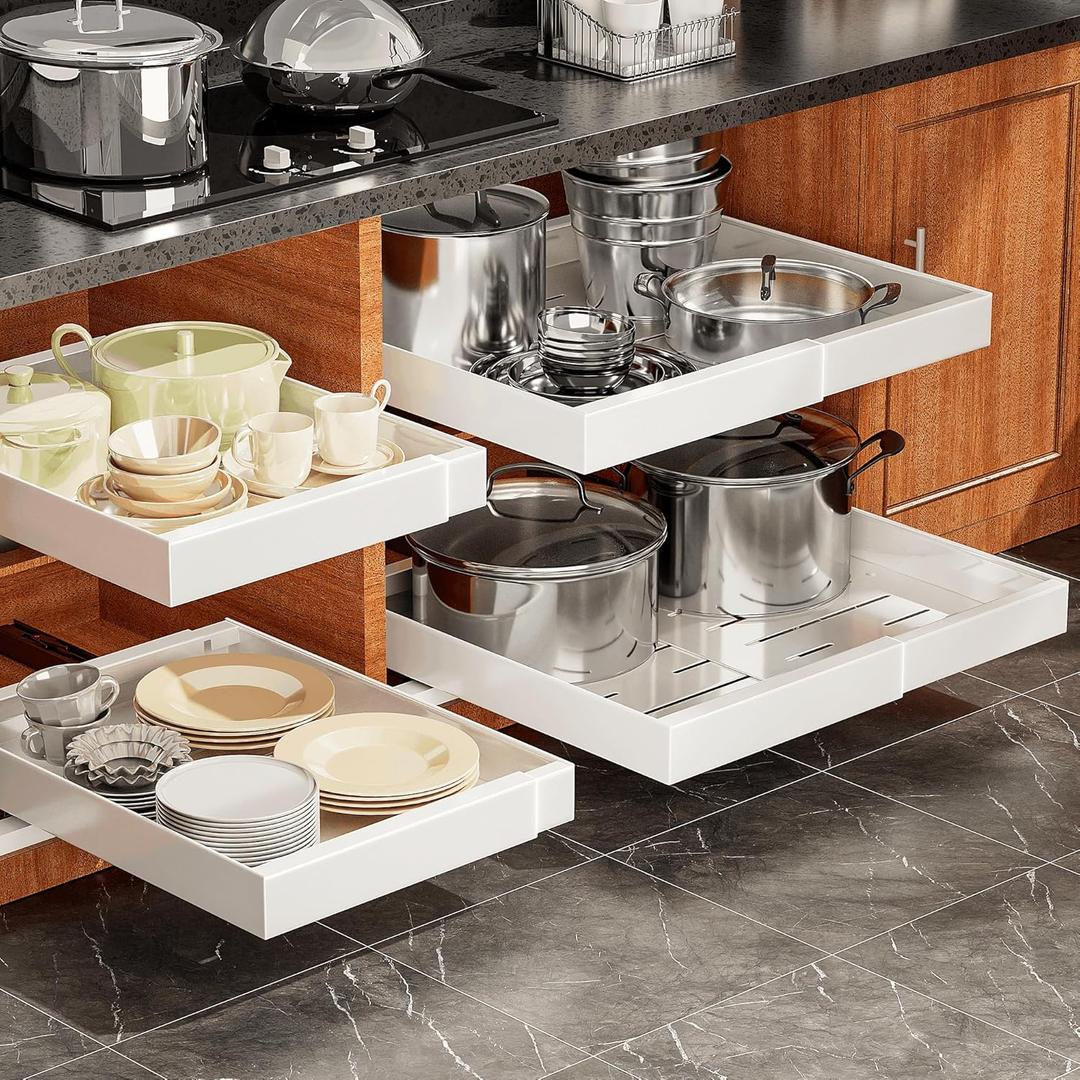 4Pack Expandable Pull Out Cabinet Organizer 21" Deep - Sliding Drawer Organizer Roll Out Shelves Adhesive - Adjustable Width 15.2"-26.2" W (White)