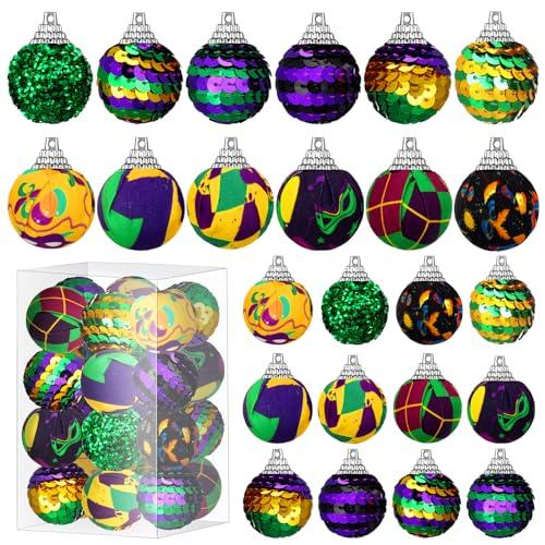Lenwen 24 Pcs Mardi Gras Ball Ornaments for Tree Mardi Gras Tree Decorations Fabric Wrapped Ball Sequin Ball for Carnival Party Decor