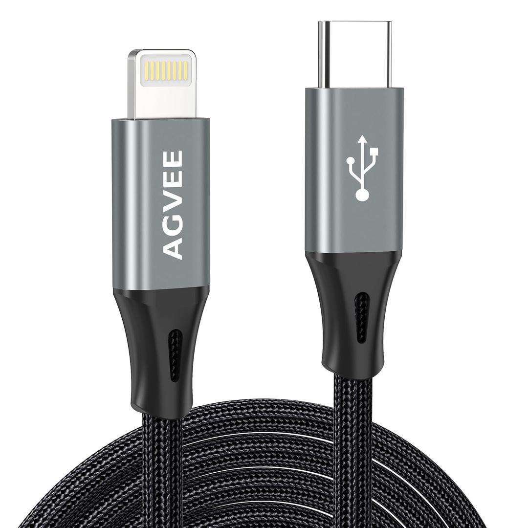 AGVEE 2 Pack 15ft 30W USB-C to Lightning Cable, Braided MFI PD Type-C to 8 Pin Charger Cord i-Phone Charging Wire, for iPad Pro iPhone 14 13 12 11 Pro Max, Case Friendly Dark Gray