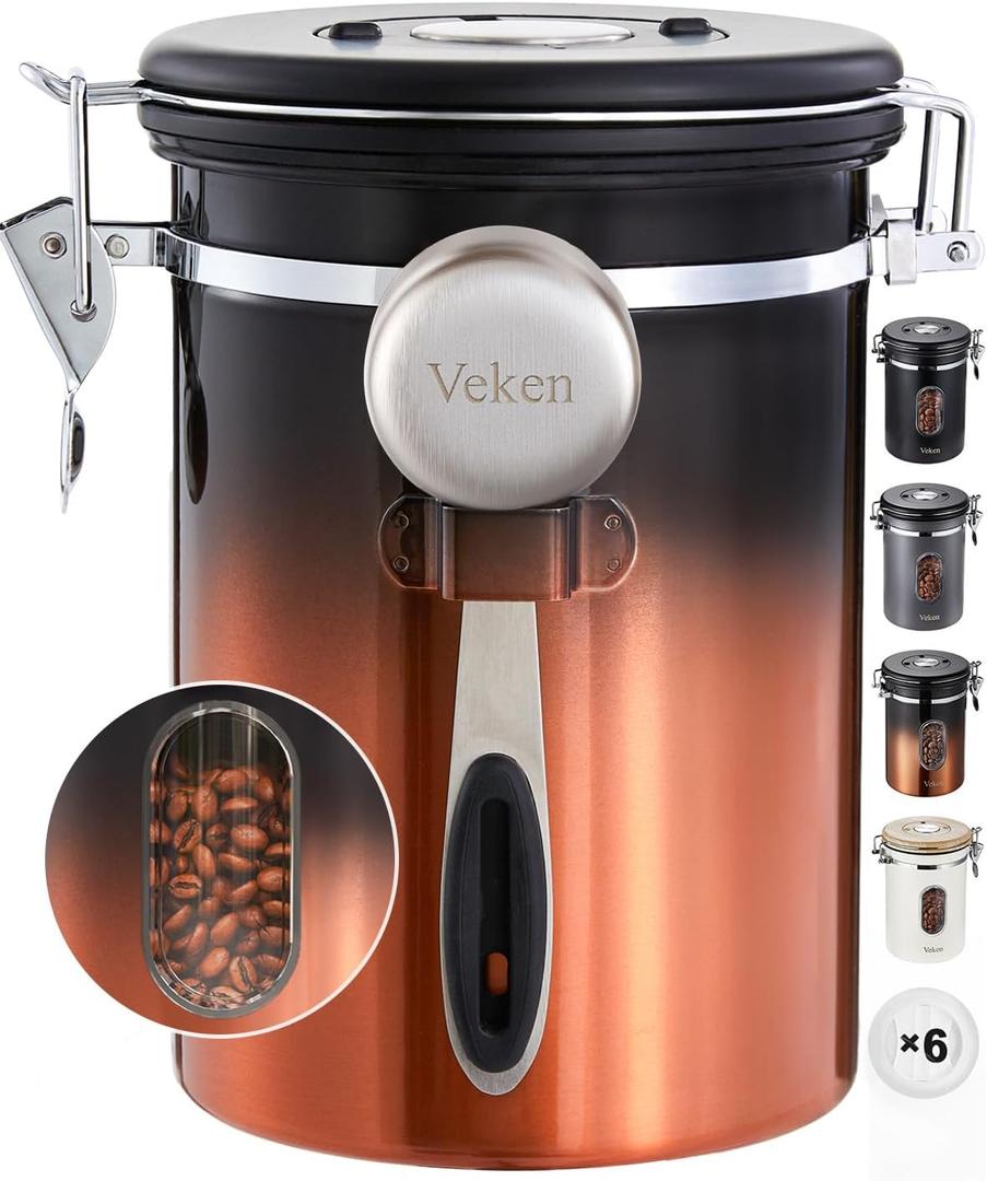 Veken Coffee Canister with Window,Airtight Stainless Steel Kitchen Food Storage Container, Date Tracker & Scoop for Grounds Coffee, Beans, Tea, Flour, Cereal, Sugar, 22OZ, Copper