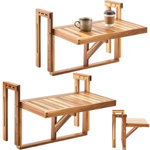 Colingmill 2 Set 22 Inch Balcony Hanging Table, Acacia Wood Foldable Railing Table Adjustable Height & Width, Outdoor Balcony Desk for Coffee, Laptop, Breakfast, Suit for Small Spaces Patio Deck Porch, 22 x 11 inches