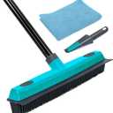 MAVRIZ Pet Hair Removal Broom Carpet Rake Rubber Broom with Squeegee Rug Rake to Fluff Carpet (Blue)