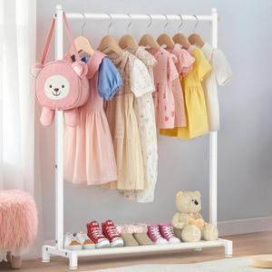 Kids Clothing Rack with Bottom Storage Shelf, Metal Clothes Rack for Kids Dress Up Storage, Freestanding Dance Costume Garment Rack for Hanging Clothes, White