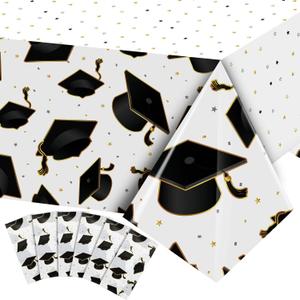 Tranqun 3 Pcs 2026 Graduation Party Tablecloth Graduation Cap Rectangle Plastic Disposable Table Cover Congratulate Decorations for Congrats Grad Party, 54 x 108 Inch(Blcak and Gold)