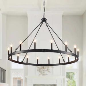 48 Inch 16-Light Black Wagon Wheel Chandeliers, Extra Large Farmhouse Chandeliers for High Ceiling Round Rustic Lighting Pendant Light Fixture for Living Room Dining Room Entryway Foyer