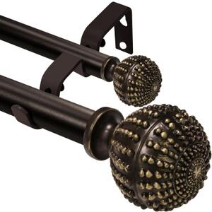 Double Curtain Rod 66 to 120 inches, 1 inch Diameter Heavy-Duty Adjustable Double Curtain Rod set with Decorative Finials and Sturdy Bracket-for Bedroom & Living room-Easy to Install,Bronze