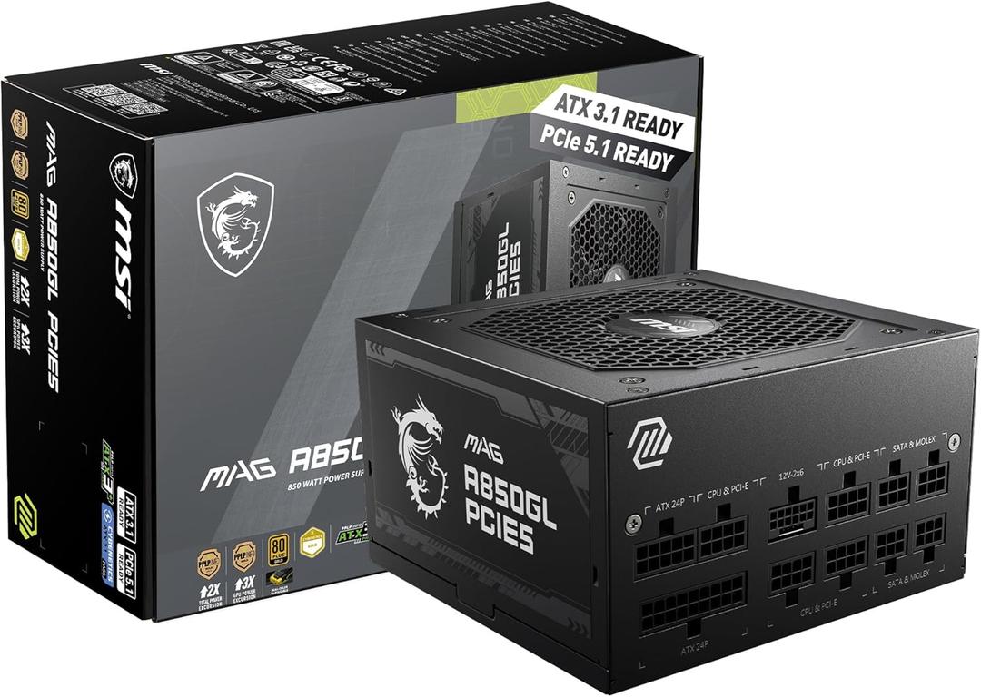 MSI MAG A850GL PCIE5, Fully Modular Compact Gaming 850W Power Supply, 80+ Gold, ATX 3.1 & PCIe 5.1 Ready, Native Dual-Color 12V-2x6 Cable