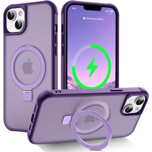 Magnetic Compatible with iPhone 14 Plus Case with Stand [Military Grade Drop Tested][Compatible with Magnet] Ring Translucent Slim Hard Back Soft Edge, Purple