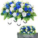 Artificial Cemetery Flowers Saddle for Headstone, Memorial Grave Flowers for Cemetery Outdoor Gravesite Tombstone Headstone Decorations (Blue&White)