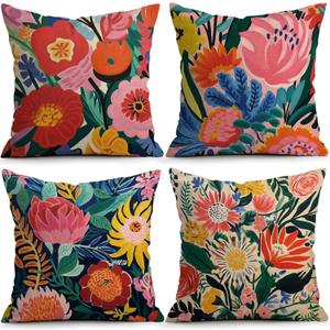 OBSEDE Floral Decorative Throw Pillow Covers 18x18 Set of 4, Double-Sided Print Soft Pillow Cases for Couch Sofa Bed Living Room Decor (Warm Botanical Chromatic Art)