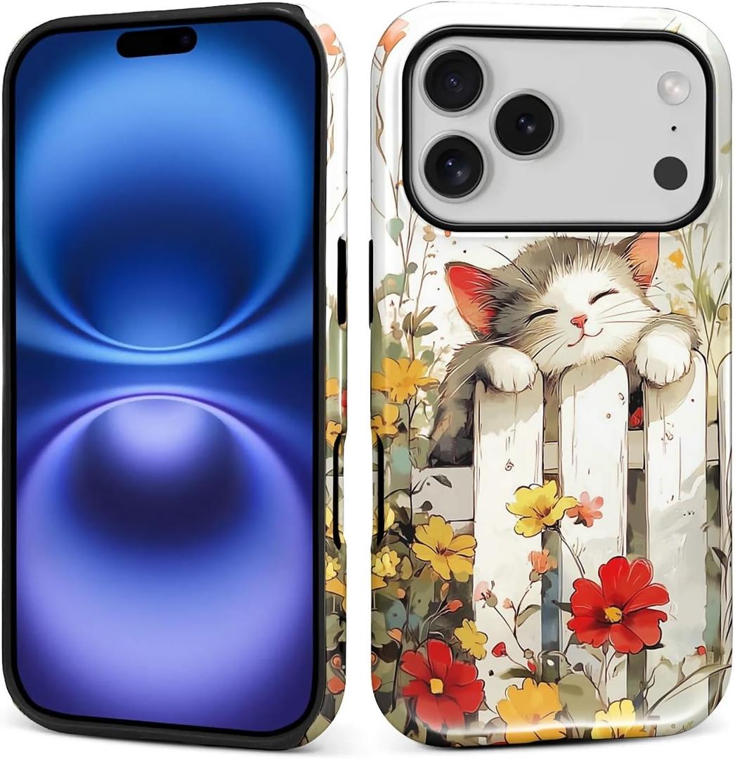 Case for iPhone 17 Pro,Hybrid Heavy Duty 2 in 1 Full Body Rugged Shockproof Protection Glossy Case for iPhone 17 Pro Garden Resting Cat