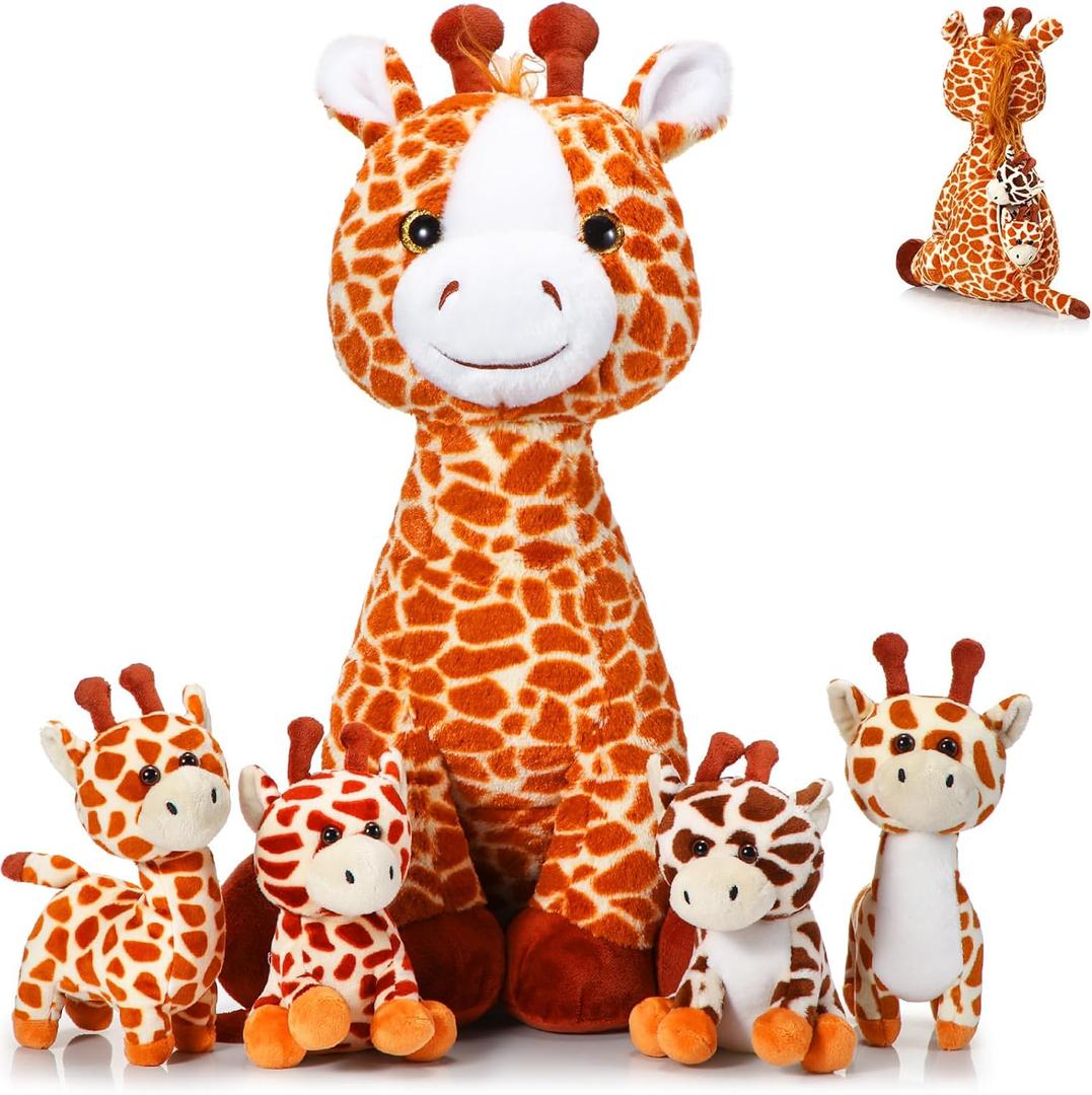 Honoson 5 Pcs Giraffe Stuffed Animals Set 18'' Large Mommy Giraffe Plush with 4 Cute Baby Zippered Tummy Soft Gift for Boy Girl Birthday Graduation Favor Forest Party(Sitting)