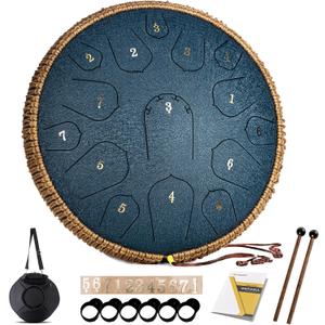 HOPWELL Steel Tongue Drum - 14 Inch 15 Note Tongue Drum - Hand Pan Drum with Music Book, Handpan Drums Mallets and Carry Bag, D Major (Navy Blue)