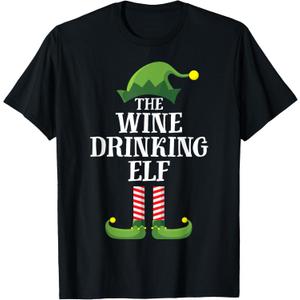 Wine Drinking Elf Matching Family Group Christmas T-Shirt, 2XL, Black