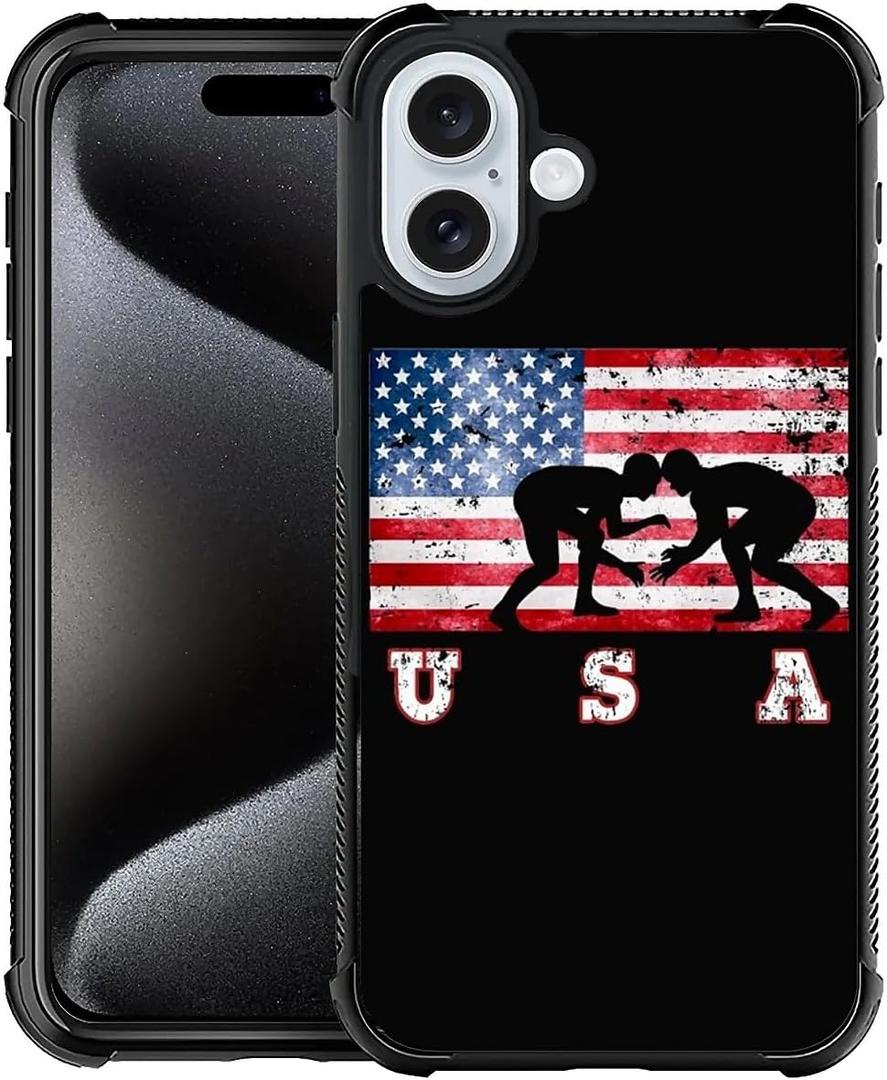 CARLOCA Compatible with iPhone 16 Plus Case, USA Flag Wrestling Pattern for Girl Ultra Protection Shockproof Soft Silicone TPU Non-Slip Back