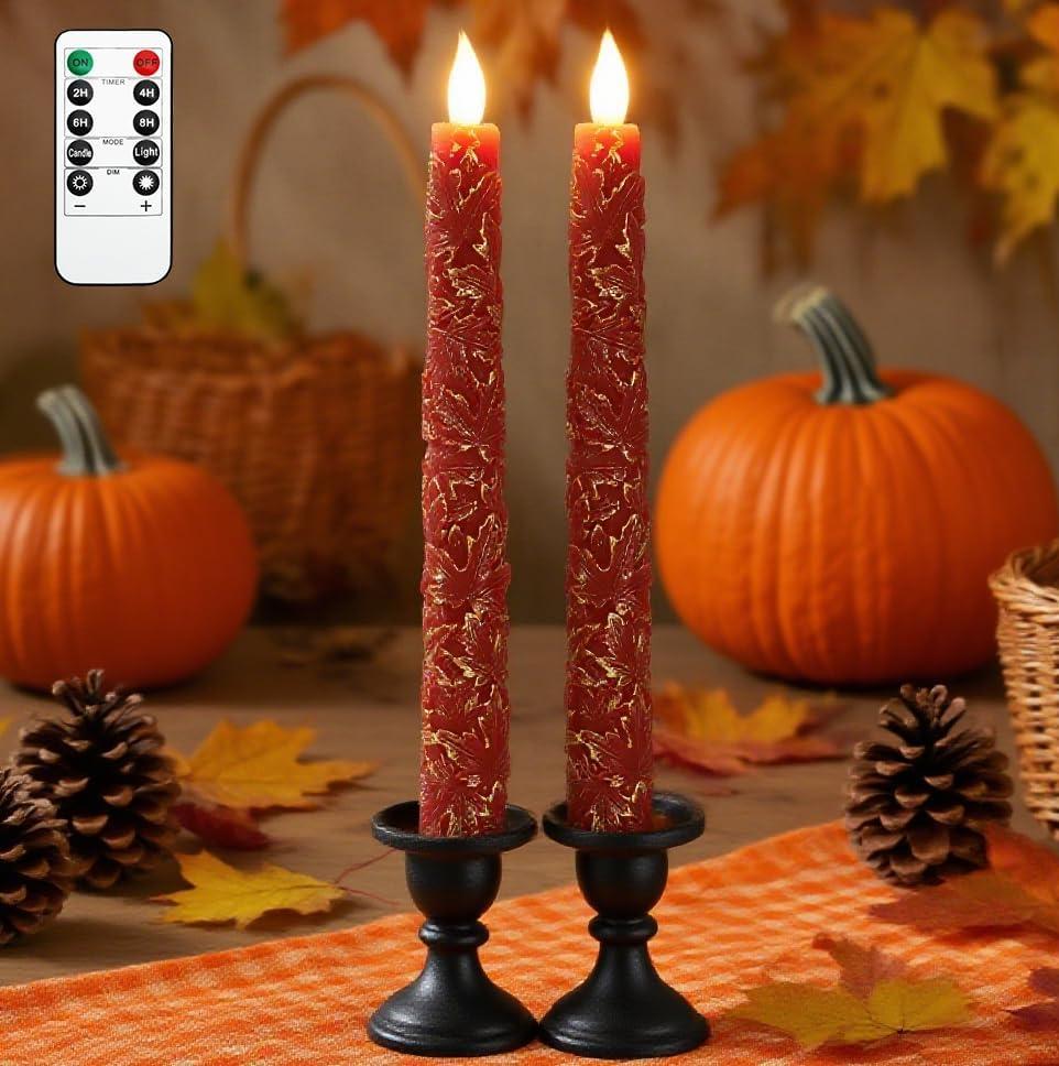 Maple Leaf Fameless Taper Candles with Remote Timer, Carved Red Maple Leaf LED Taper Candles for Home Party Thanksgiving Autumn Harvest Decor, 11" Set of 2
