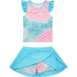 Girls Swimsuit 2 Piece Ruffle Bathing Suit UPF 50+ Tankini Swimsuit Skirt with Lining (5-6 Years, A1-mermaid-01)