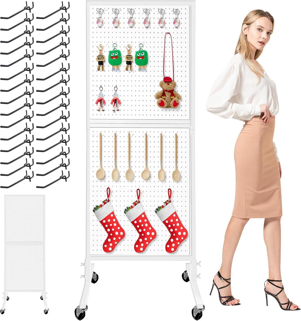 Royxen Large Standing Pegboard Display with T-Base, 2 x 5.4 Feet Metal Pegboard Display Stand with 30 Hooks, Peg Board Panels with Wheels for Vendors, Home and Retail Store (White)