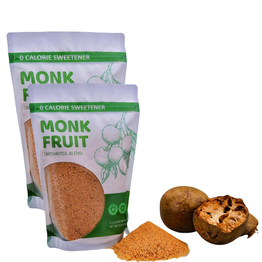 Monk Fruit Sweetener Granules, 2 Pack (1LB Each) - 1:1 Sugar Replacement, 0 Calorie Sweetener, Erythritol Blend - Healthier Than Sugar for Baking, Coffee, and Cooking