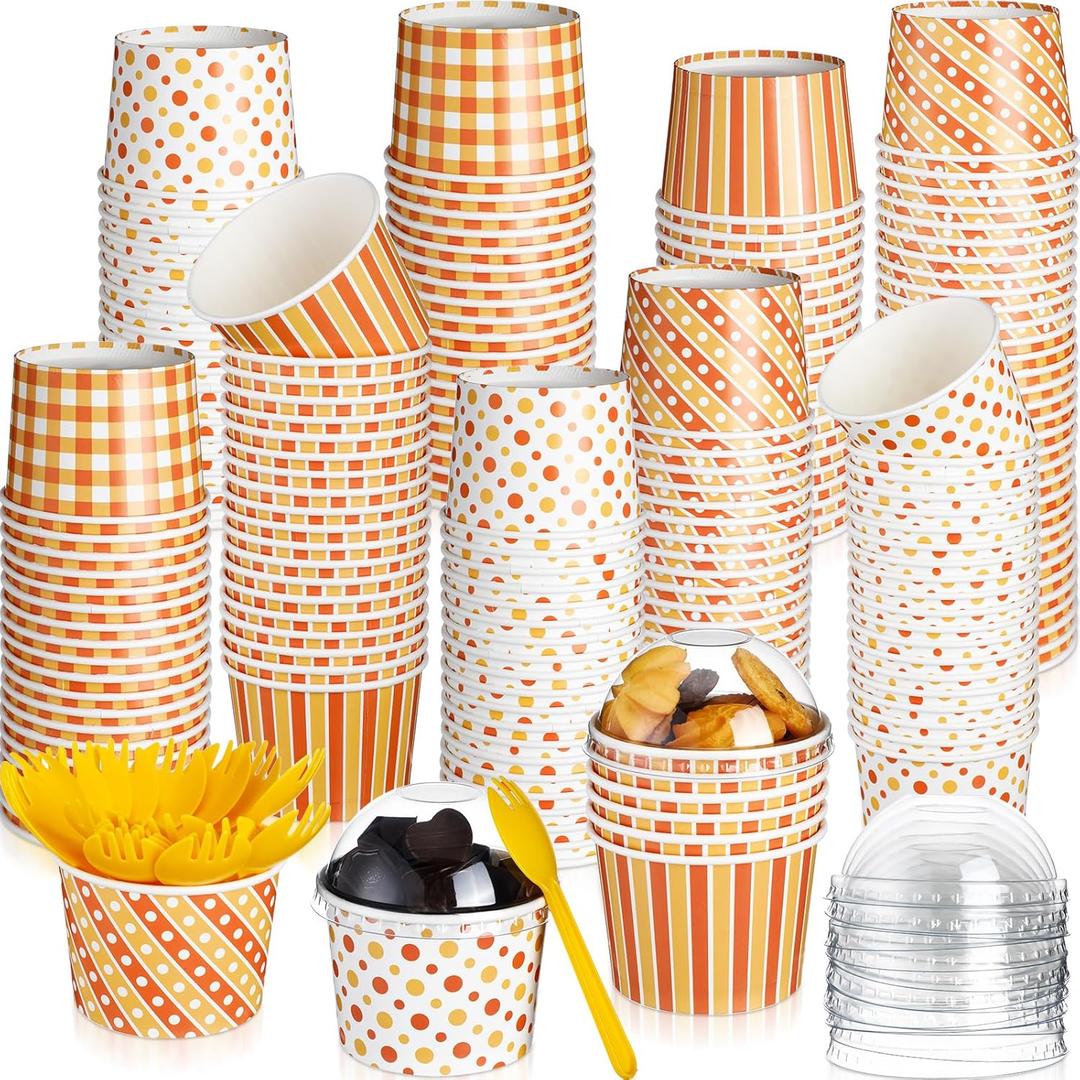 Nosiny 180 Pcs Fall Paper Bowls 9 oz Disposable Thanksgiving Ice Cream Bowls 80 Pcs Fall Cups with Lids and 100 Spoons Autumn Snack Cups for Hot or Cold Food Harvest Party Supplies
