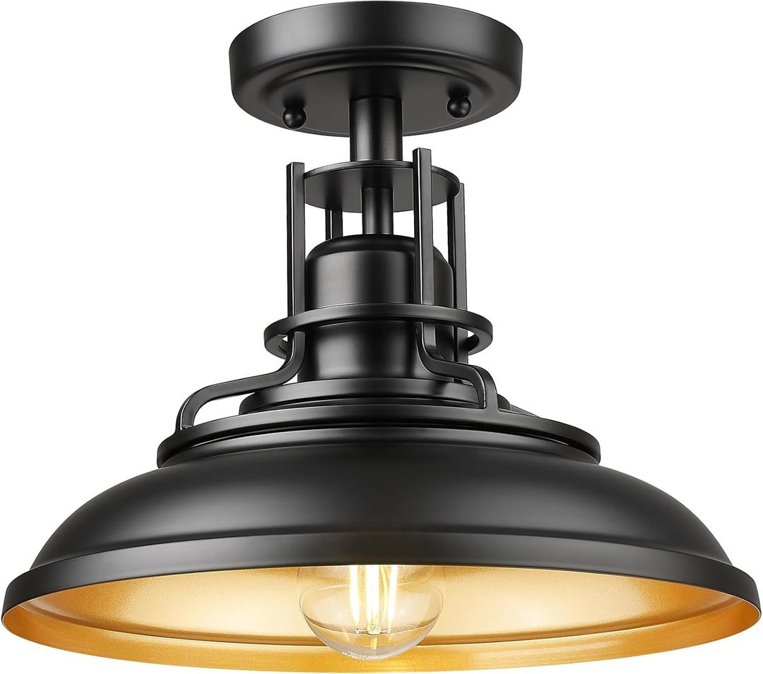 FEMILA Industrial Semi Flush Mount Ceiling Light, Outdoor Flush Mount Porch Light in Matte Black & Gold, 12" Farmhouse Front Porch Ceiling Lighting Fixture for Entryway, Hallway, Kitchen, 4FY15-F BK-1