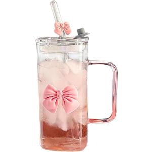 Coquette Bow Aesthetic Cup - Pink Bow Glass Cup, Cute Glass Cups with Lids and Straws, 16 oz Bow Tumbler Iced Coffee Tumbler Cups for Girls Bestfriend (Clear)
