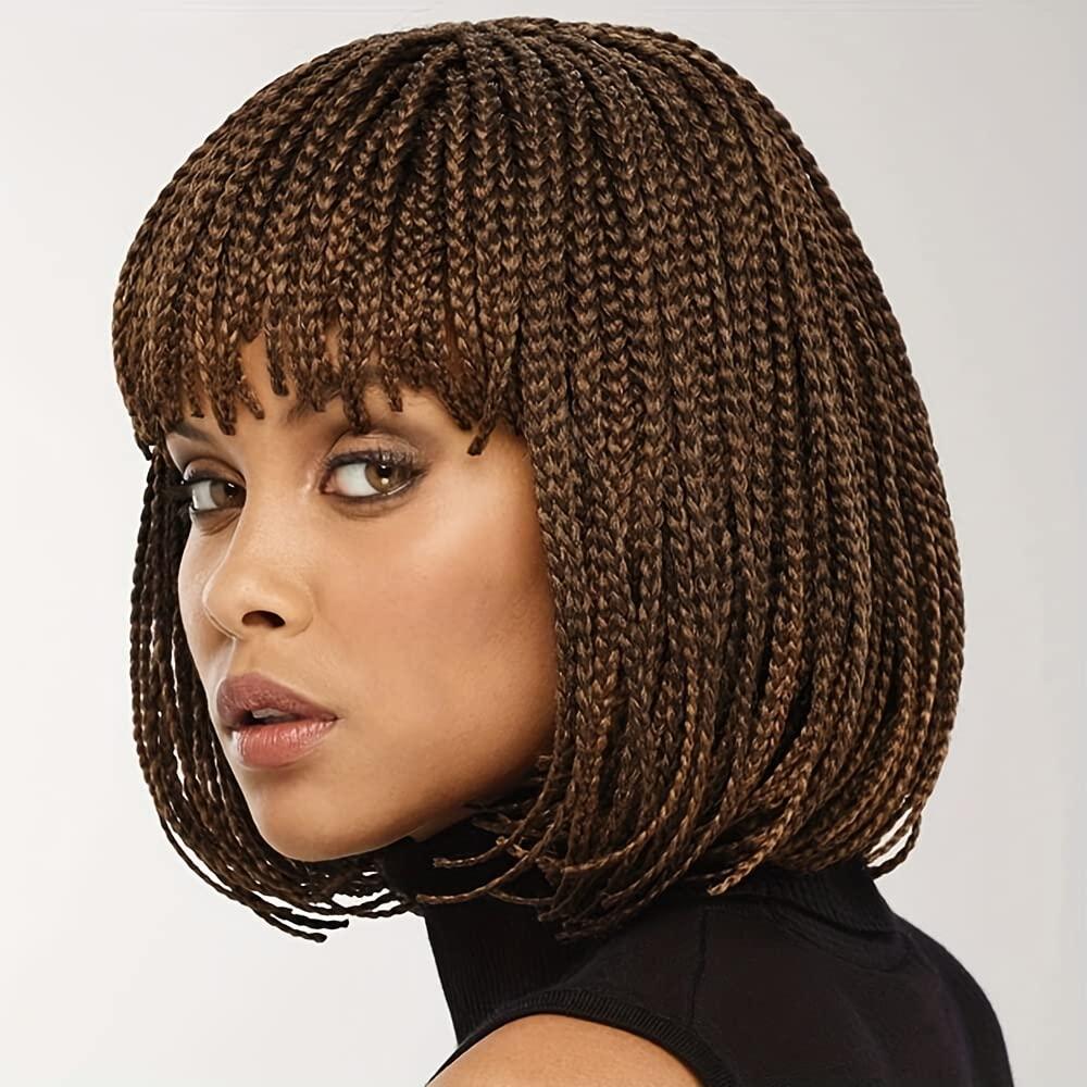 Czrleaty Knotless Braided Wigs for Black Women Heat Resistant Fiber Soft Synthetic Short Bob Box Braided Wig with Bangs African American Braided Wigs (10 inches, Brown)
