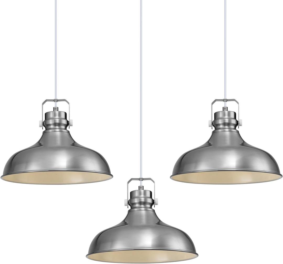 Brushed Nickel Farmhouse Pendant Lights Matte Pendant Lighting for Kitchen Island Industrial Adjustable Height Vintage Dome Hanging Light Fixtures for Barn, Dining Room 3 Packs