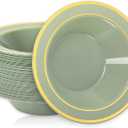 Whaline 5Pcs Sage Green Plastic Bowl with Gold Rim 12 Oz Disposable Soup Bowl Dessert Serving Bowls for Wedding Birthday Bride Shower Party Supplies Table Decor