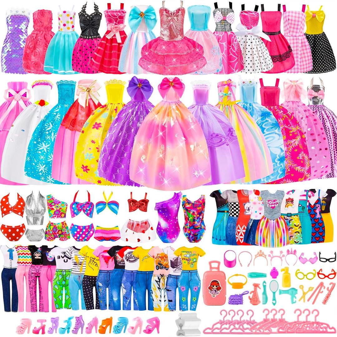 110 Pcs Doll Clothes and Accessories Dress up Toys for Girls with Wedding Dresses, Casual Dresses, Casual Jumpsuit, Swimsuits Bikini, Glasses, Shoes, Hangers, Doll Clothes Toys for Girl Gift