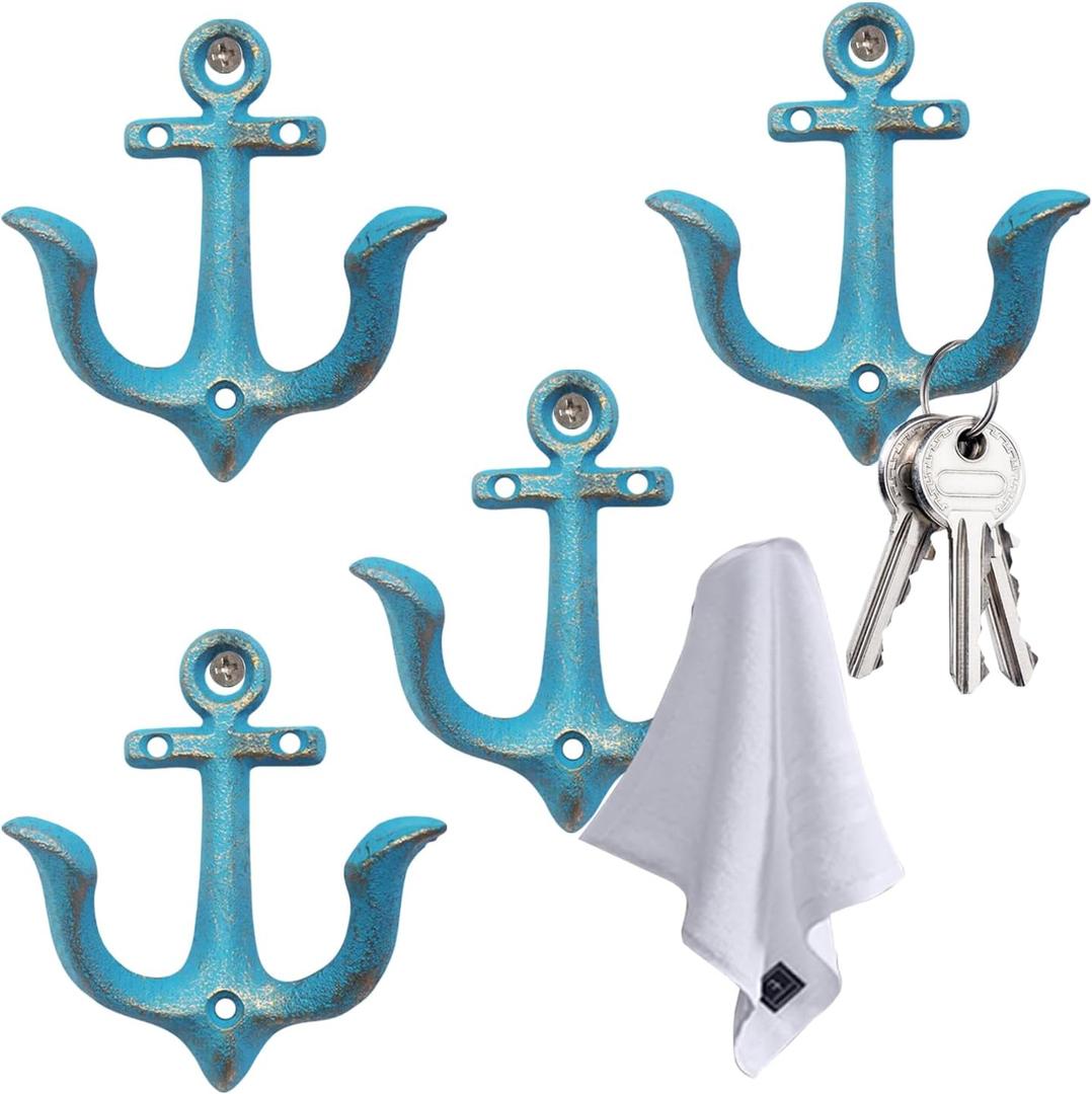 Nautical Anchor Decor, Cast Iron Wall Hooks Decorative, for Pool Towel Hooks Nautical Wall Hooks. (4Pcs Set Blue)