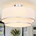 Hamilyeah 20 Inch Semi Flush Mount Ceiling Light, Dual Drum Fabric Shade Ceiling Light Fixture with Silver Metal Trim, Modern Ceiling Lamp for Bedroom, Living Room, Dining Room, Kitchen, Hallway