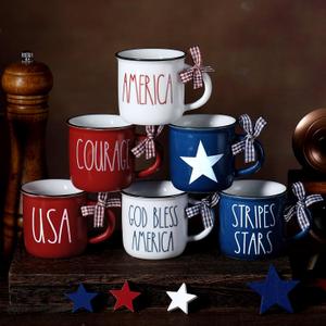 6 Pcs 4th of July Mini Coffee Mugs Patriotic Independence Day Tiered Tray Decor Farmhouse Mini Coffee Cups with Ribbons Centerpieces for Housewarming Gifts (Retro Star)(Retro Star)