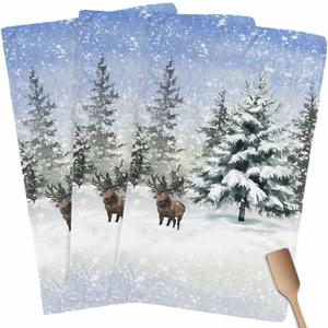Christmas Kitchen Towels, Absorbent Microfiber Kitchen Dish Hand Tea Bath Towel, Quick Dry Cleaning Cloth Dishclothes Decorative Sets, Forest Snowy Elk Xmas Tree Winter Snowflake (3-PC, 18x28)