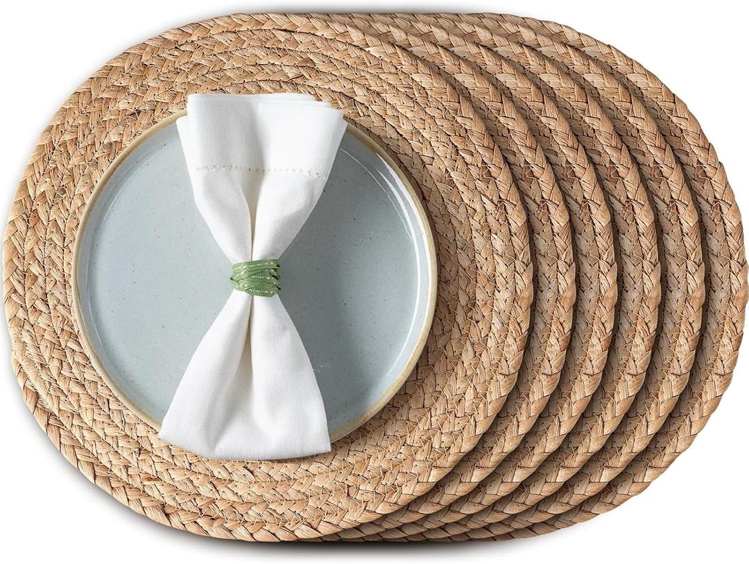 Aofmee 13.8 inch Round Woven Placemats Set of 6, Boho Rattan Place Mats, Natural Water Hyacinth Table Placemats, Farmhouse Weave Table Mats, Rustic Braided Wicker Charger Plates for Dining Table Decor