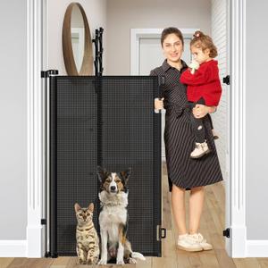 Reinforced 48" Extra Tall Pet Gate with Support Rods, 4 Ft Tall Retractable Baby Gates for Doorways 55" Wide Mesh Dog Gate Indoor Outdoor - Prevent Baby/Pet from Jumping Over, Black