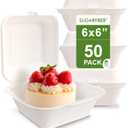 [50 COUNT]Harvest Pack 6 X 6 inch White Compostable Food Hinged Container, Disposable Square Single Compartment Clamshell Takeout to go Box, Eco-Friendly Bagasse Sugarcane, No PFAS Added, New Version