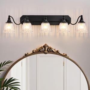 Black Vintage Bathroom Vanity Light Fixture, 5-Light Vanity Light for Bathroom, Antique Matte Black Finish with Crystal Glass Shade, Lighting Fixtures Over Mirror for Bedroom Living Room
