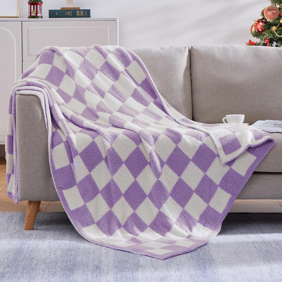 WRENSONGE Checkered Throw Blanket, Purple Soft Cozy Fluffy Warm Hand Made Throw Blankets for Couch, Sofa, Chair, Bed, Camping, Picnic, Travel Lightweight Bed Blanket - 60"*80", Twin