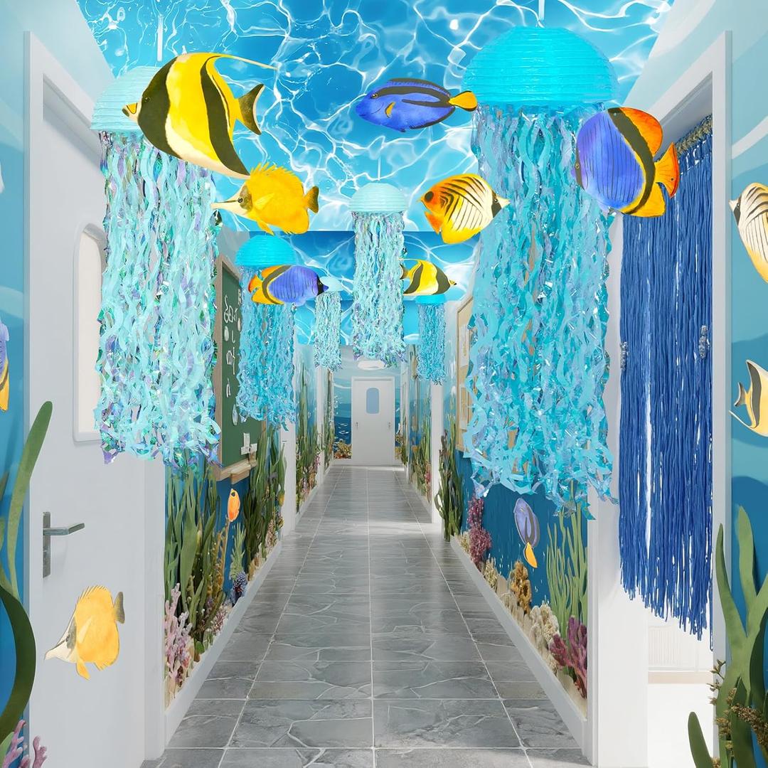 VioraWhite 19 Pcs Under the Ocean Birthday Party Decorations Hanging Jellyfish Paper Lanterns 24 Inch x 12 ft Sea Ceiling Covers for Summer Mermaid Shark Beach Party Room Baby Shower Daycare Classroom