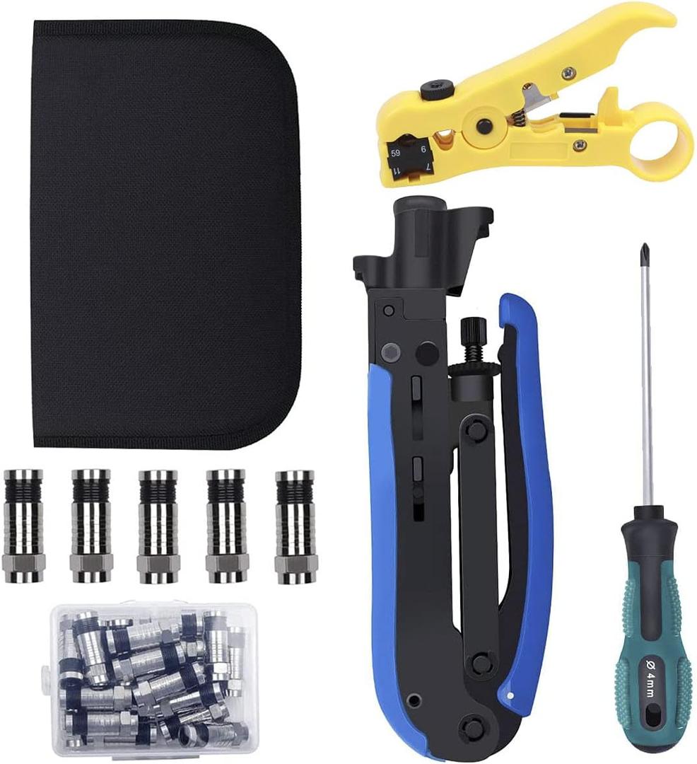 Delgada Coaxial Cable Crimper Kit Coax Compression Tool RG6 RG59 RG11 Cable Crimping Tool Connector Kit with 20PCS F Compression Connectors