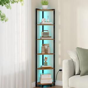 Corner Shelf with LED Light, 6-Tier Corner Bookshelf, Tall Narrow Display Bookcase with Metal Frame, Standing Shelf for Small Space, Living Room, Home Office, Bedroom, Rustic Brown CS66601B