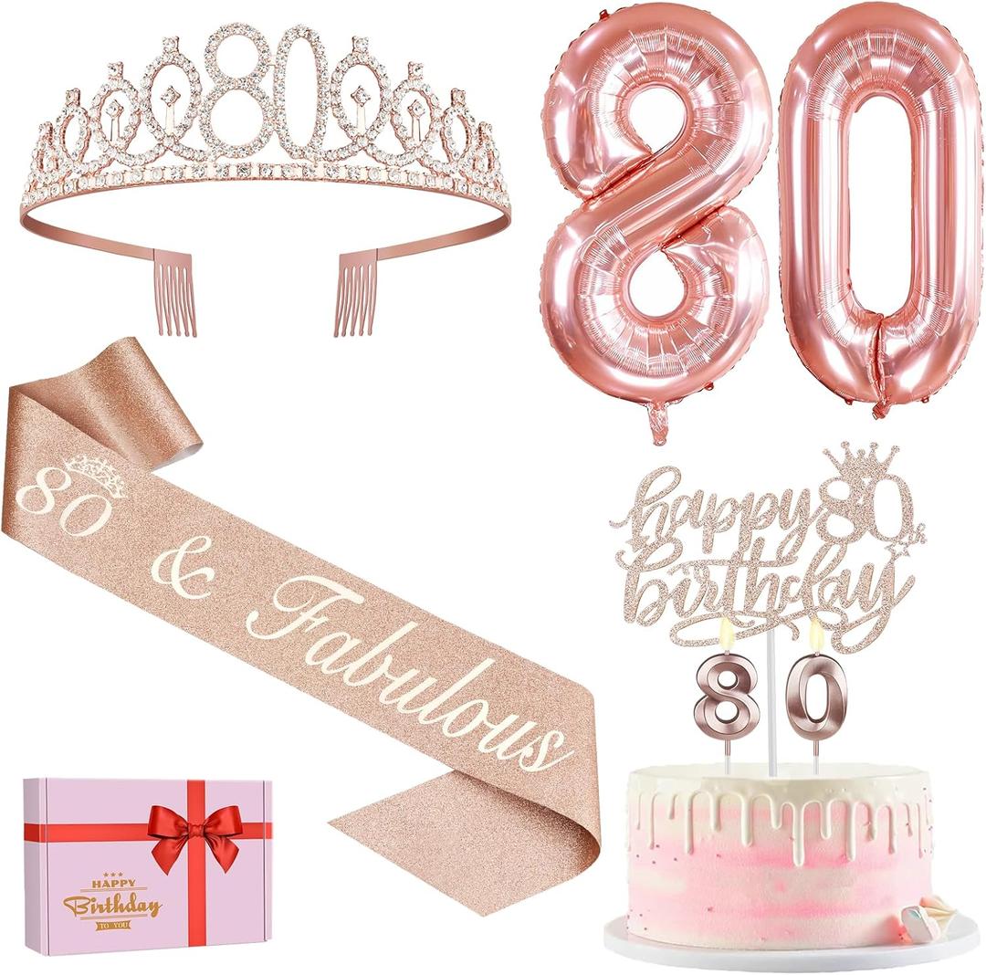 80th Birthday Decorations for Women, Include 80th Birthday Sash and Tiara, Cake Topper and Candles, Number Balloons, Greeting Card, 80 Year Old Gifts for Women