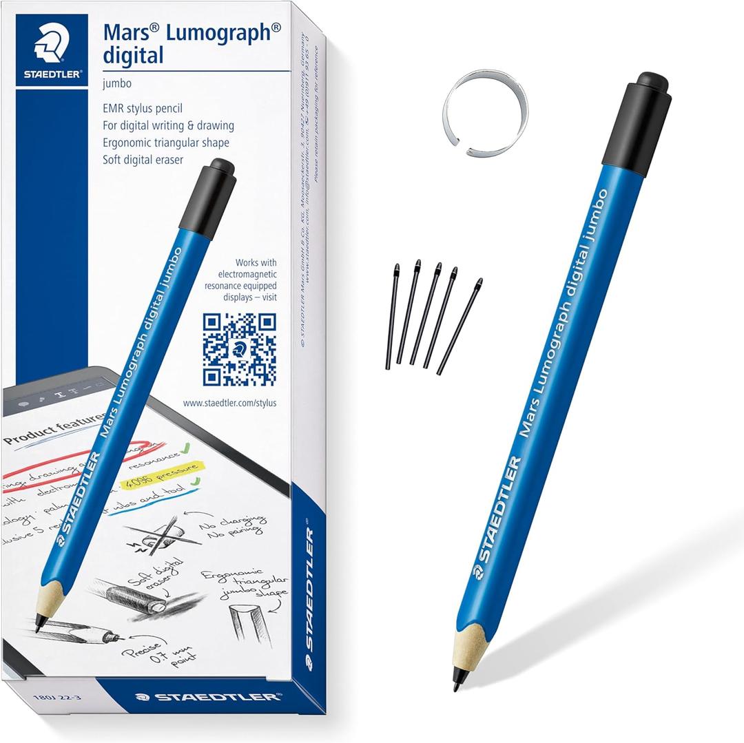 STAEDTLER Mars Lumograph Jumbo Digital Stylus Pen with Eraser: No Charging, EMR Palm Rejection, 4096 Pressure Sensitivity Levels, Natural Writing on Touchscreen Tablet, Laptop, Phone