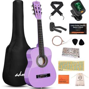ADM Beginner Acoustic Classical Guitar 30 Inch Nylon Strings Wooden Guitar Bundle Kit for Kid Boy Girl Student Youth Guitarra Online Lessons with Gig Bag, Strap, Tuner, Strings, Picks, Purple